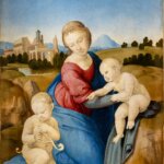 A painting by Raphael, The Virgin and Child with the Infant St John the Baptist ('The Esterhazy Madonna'). depicting a woman and her two babies sitting on some rocks outside.