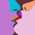 Colourful pop print in pink and purple of two people kissing by Helen Beard titled The Thin Membrane Between Us.