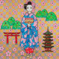 Cartoon anime Japanese figure in traditional Japanese clothing, stood in front of yellow and grey checkered background with symbols pasted on top, including traditional Japanese bridge, house, and symbols.