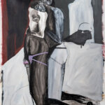 Abstract painting by Shadi Al Atallah of two black figures interlocking against an abstract black, white, and red background.