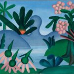 Abstract painting in the colours pink, green, and blue. The artwork is of an abstract landscape with the sea, mountains, and plants.