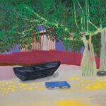 Abstract colourful painting by Cara Nahaul of a black boat and a tree with red string coming off it with yellow patches on the floor and a pink and purple background.