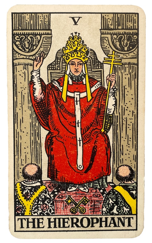 The Wick Culture - Pamela Colman Smith, The Hierophant card from Rider-Waite-Smith Tarot (1909). Courtesy The College of Psychic Studies.