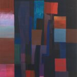 Abstract painting with a black background and multi-coloured squares, by Sojourner Truth Parsons.