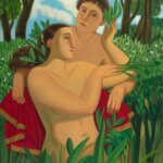 Figurative painting of two naked figures in grass with trees and long grass and a red blanket