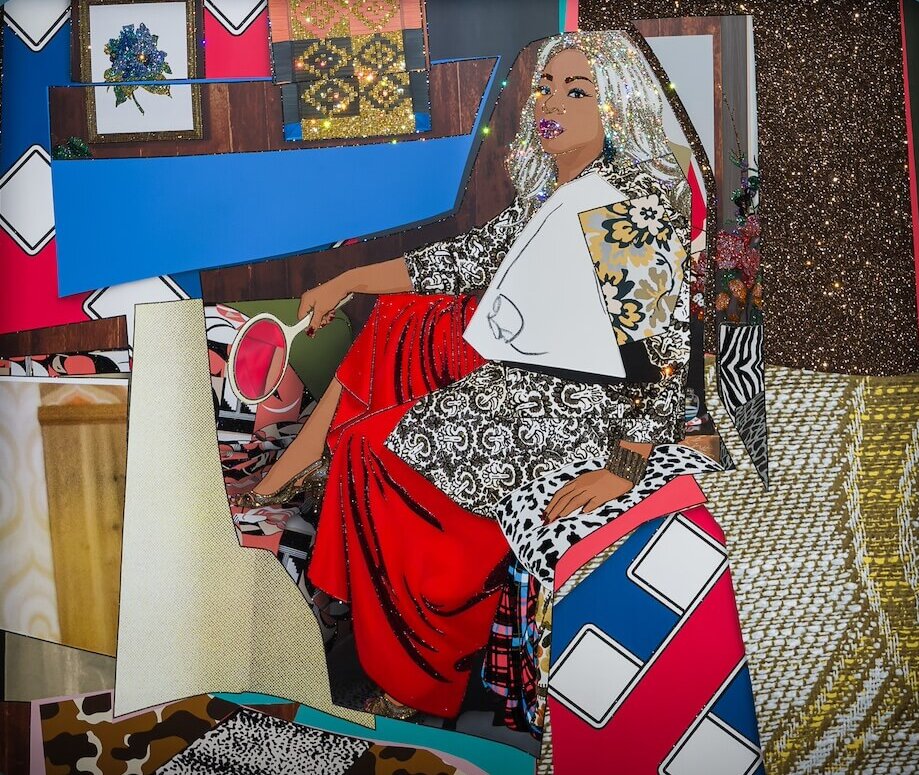 The Wick Culture - Installation view of Mickalene Thomas, All About Love. Din avec la main dans le miroir et jupe rouge, (2023). Photo by Mark Blower. Courtesy the artist and the Hayward Gallery. 