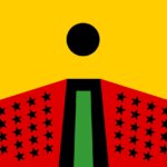 A colourful graphic with yellow, red, green, and black as the colours. There is a yellow background with a black circle and a red, green, and black design at the bottom with a green stripe and black stars.