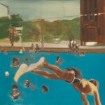 Blue swimming pool, by Noah Davis, with people swimming in it. At the centre is someone diving into the pool