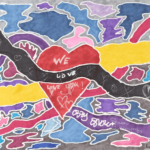 Red heart drawing with white words and a black stripe through it. The background is colourful with abstract shapes.