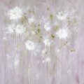 White flowers on a pale pink background with drips of white paint and green spots.