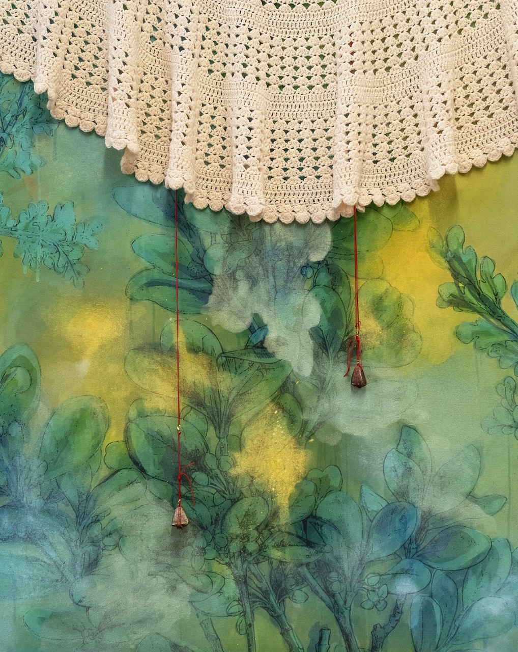 The Wick Culture - Pa Bliye Mwa (Don’t Forget Me), 2024.  Acrylic on Panama fabric, satin print, crochet cloth, satin cord, brass botanical seeds, woven sea shells. 
190 x 140 cm. Courtesy of the Artist and Copperfield, London