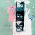 A large abstract green, white, and pink painting