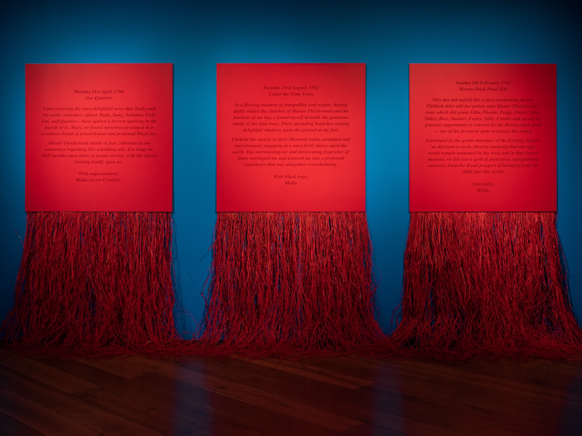 The Wick Culture - The Rebels of Breadnut Island Pen (2025), 8 x Screenprint on aluminium + red raffia,
1000 x 1000 mm each. Photo: Andrew Moller