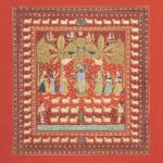 A detailed red religious artwork