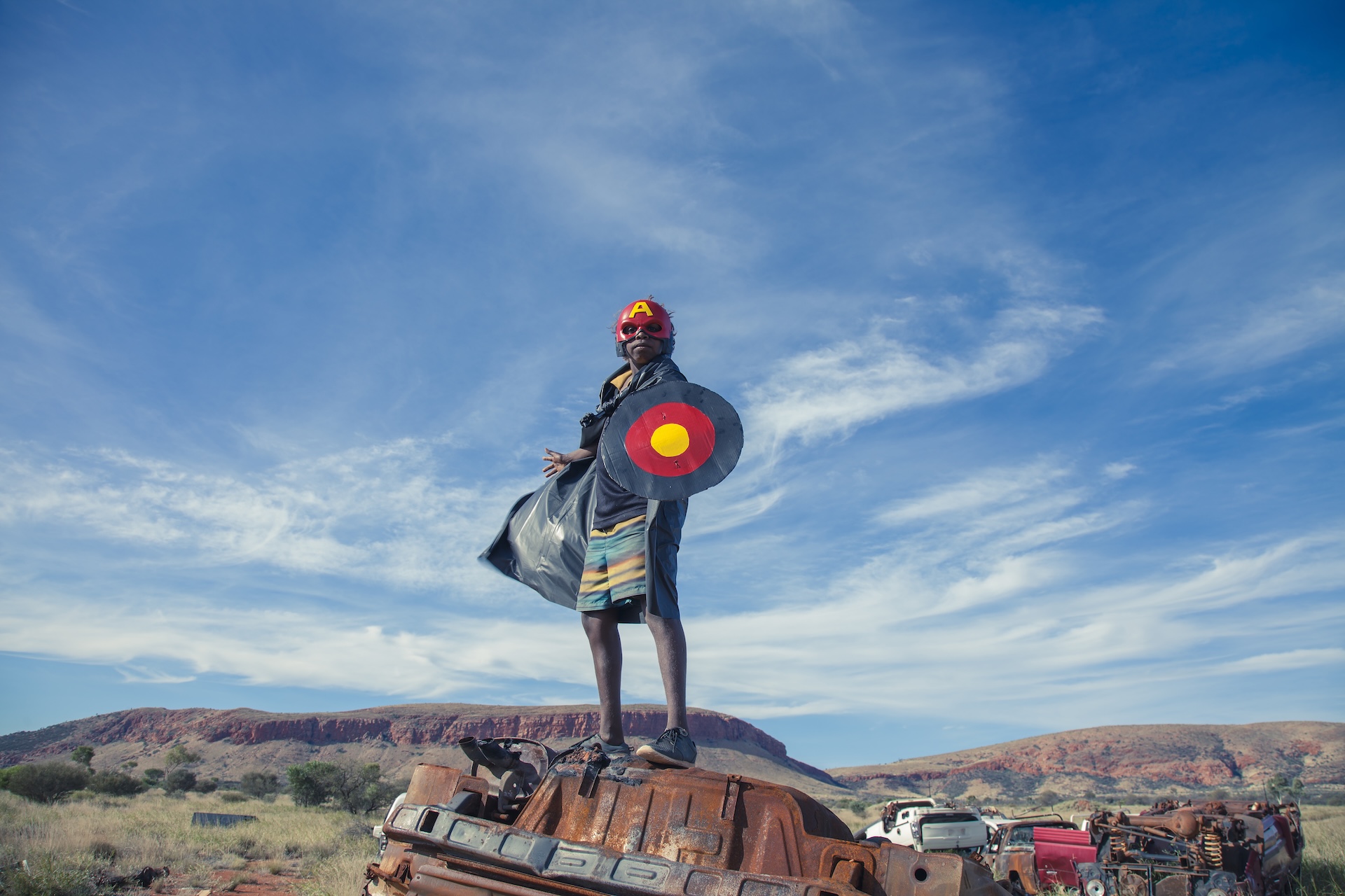 The Wick Culture - Tony Albert (Kuku Yalanji), David Charles Collins and Kirian Lawson. Warakurna Superheroes #1, Warakurna Superheroes series, 2017. Courtesy of the artists / Sullivan+Strumpf