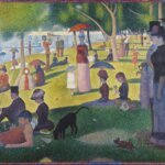 A painting of people sitting on the grass