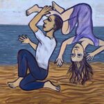 A painting of two figures playing on the beach