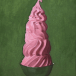 A painting of a pink ice cream on a green background