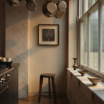 A kitchen with art