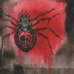 A painting of a spider on a red and black background