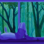 A blue and green painting of a man lying down looking over a forest