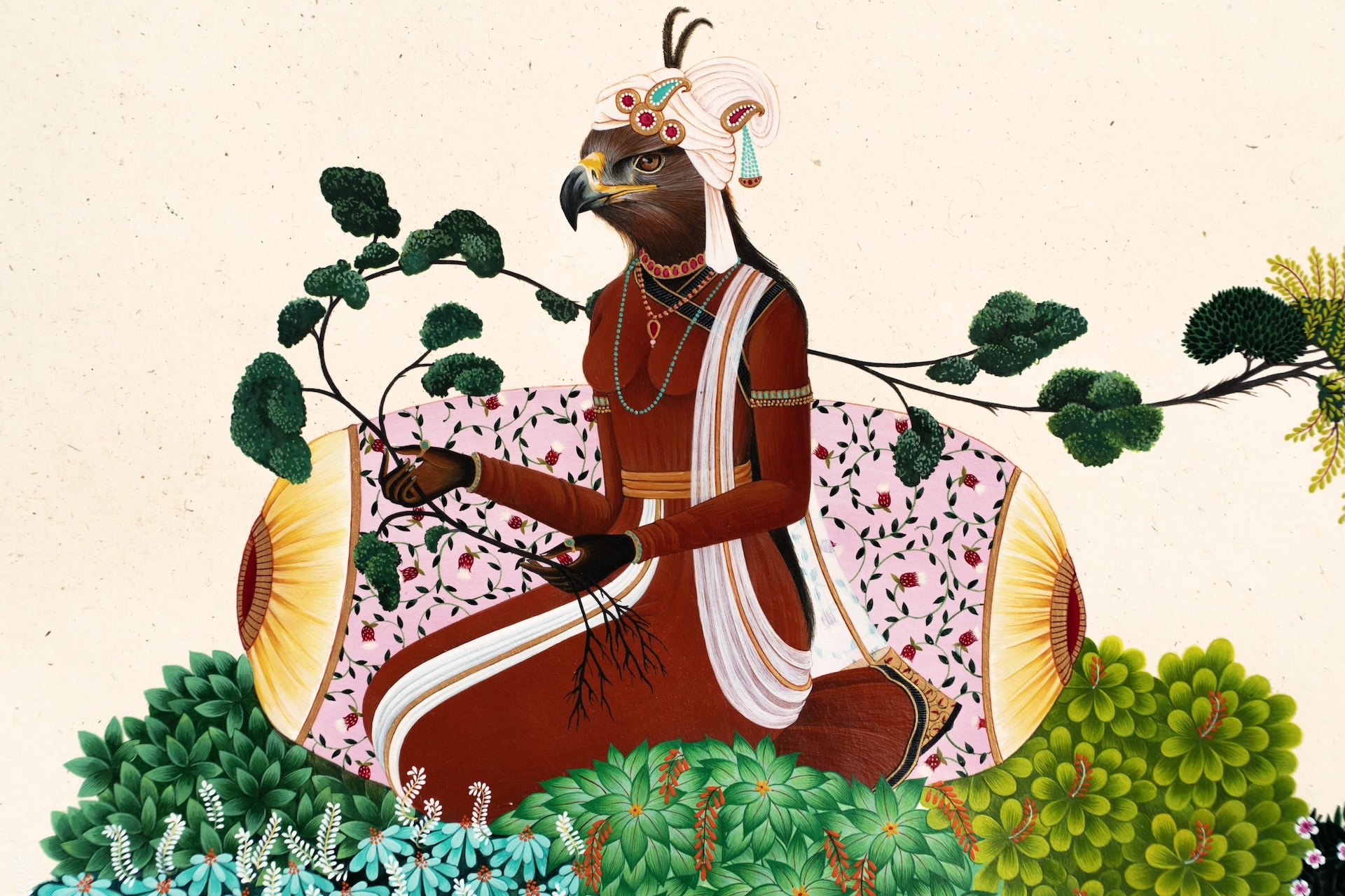 The Wick Culture - Manjot Kaur, The Convocation of Eagles (detail), 2025, Gouache and watercolour on wasli paper, 60 x 90 cm, Courtesy of the artist and mor charpentier, Paris, © Manjot Kaur