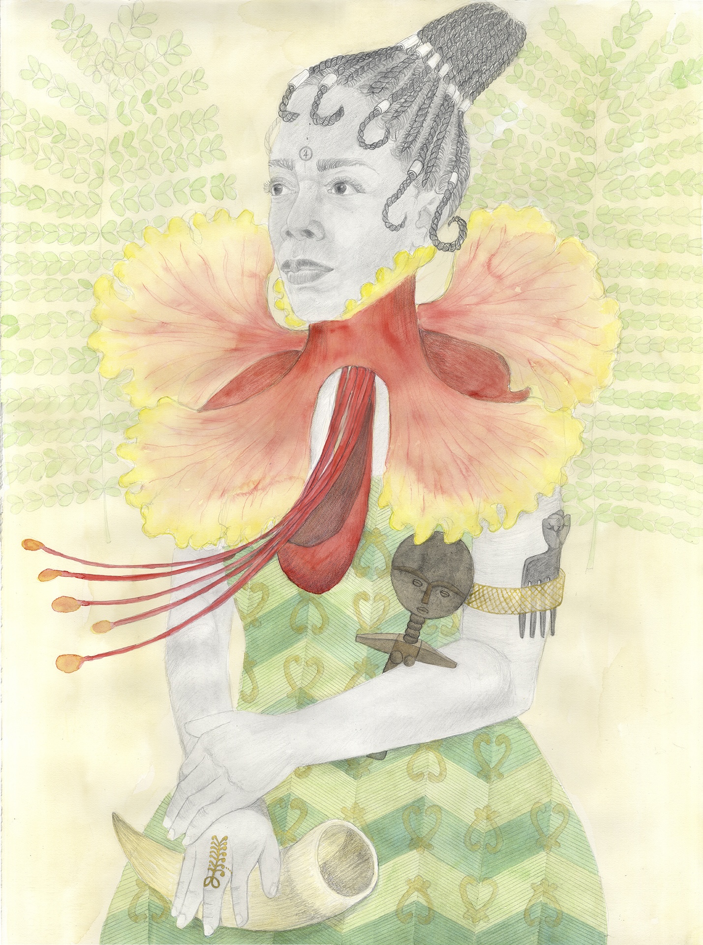 The Wick Culture - Charmaine Watkiss The warrior exercises the right to dissent, 2025, coffee, water soluble graphite, pencil, coloured pencil, watercolour & shell gold on paper, 76 x 56 cm, courtesy the artist