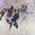 A purple painting of figures running