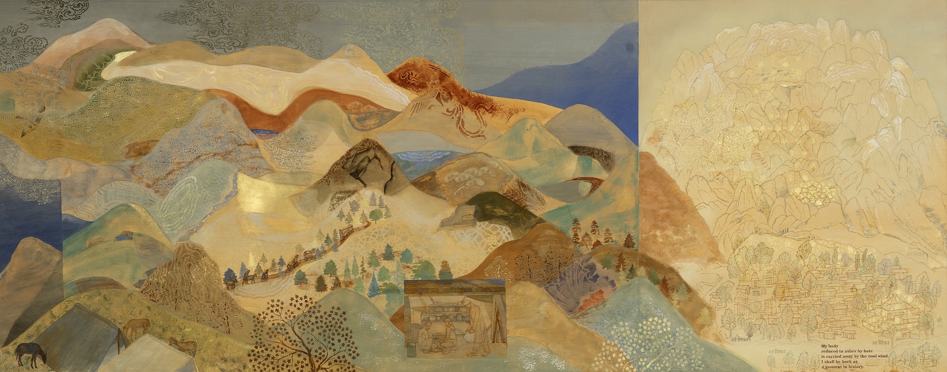 The Wick Culture - Nilima Sheikh, Home, Land 2, 2024. Mixed tempera on Sanganer paper, 76.2 x 193.04 cm. SUNITA & VIJAY CHORARIA. © The Artist