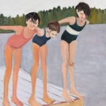 A painting of three children diving