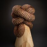 A sculpture of brown feathers on a wooden base