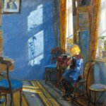 A painting of blue room with a girl sitting inside with sunlight