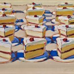 A textured painting of cake slices