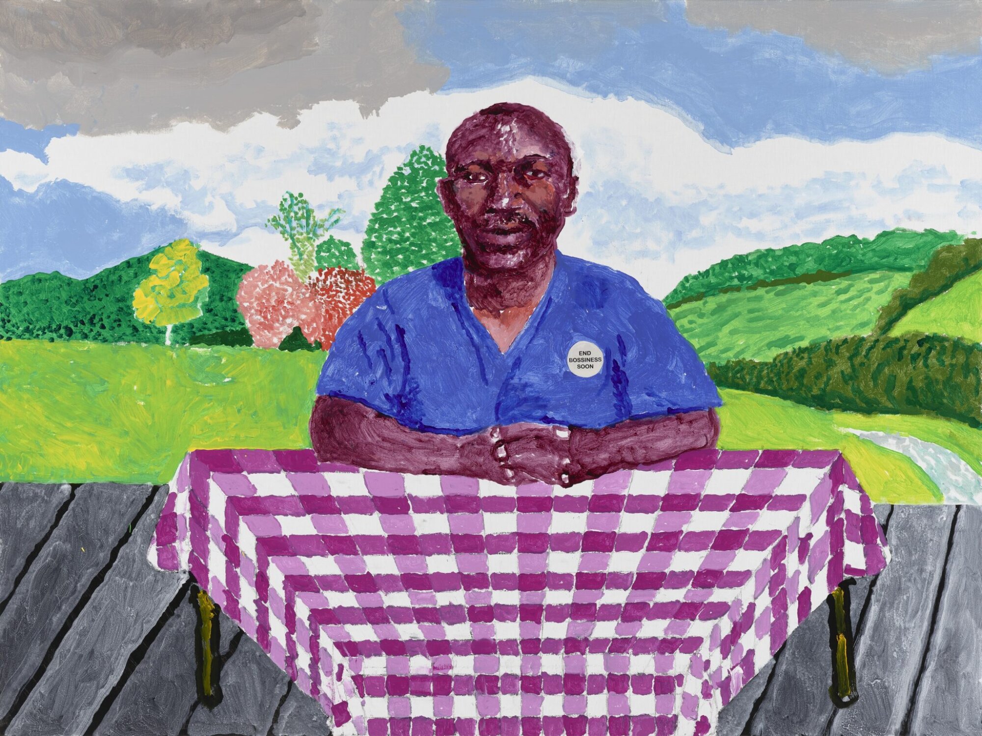 The Wick Culture - David Hockney, Thomas Mupfupi Resting on a Pink and White Checkered Tablecloth, 2025. Acrylic on canvas, 36 x 48 in. (91.4 x 121.9 cm) © David Hockney. Photo: Prudence Cuming