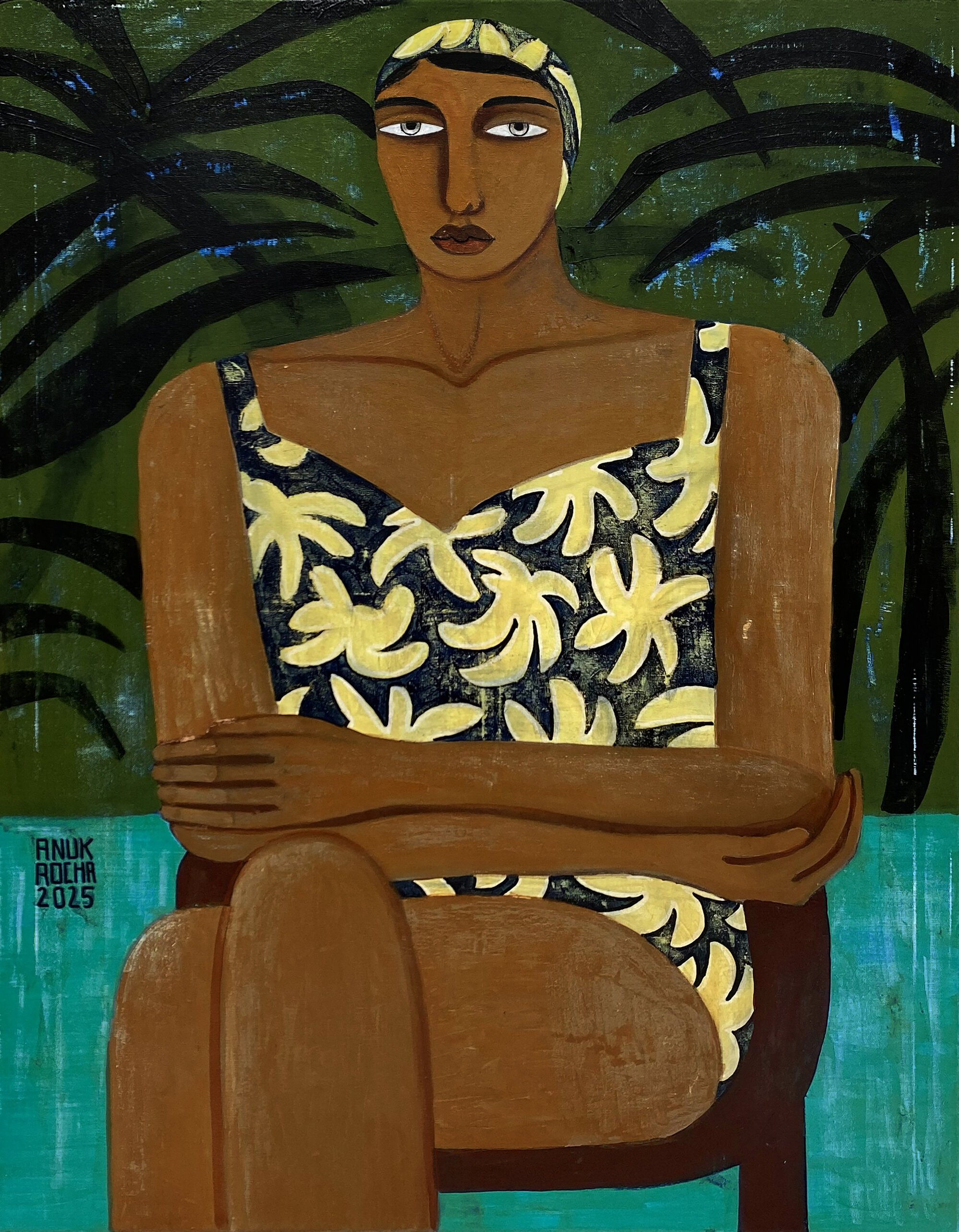The Wick Culture - Above: Anuk Rocha. The Flowered Swimsuit, 2025. Acrylic on canvas. 90 x 70 cm.