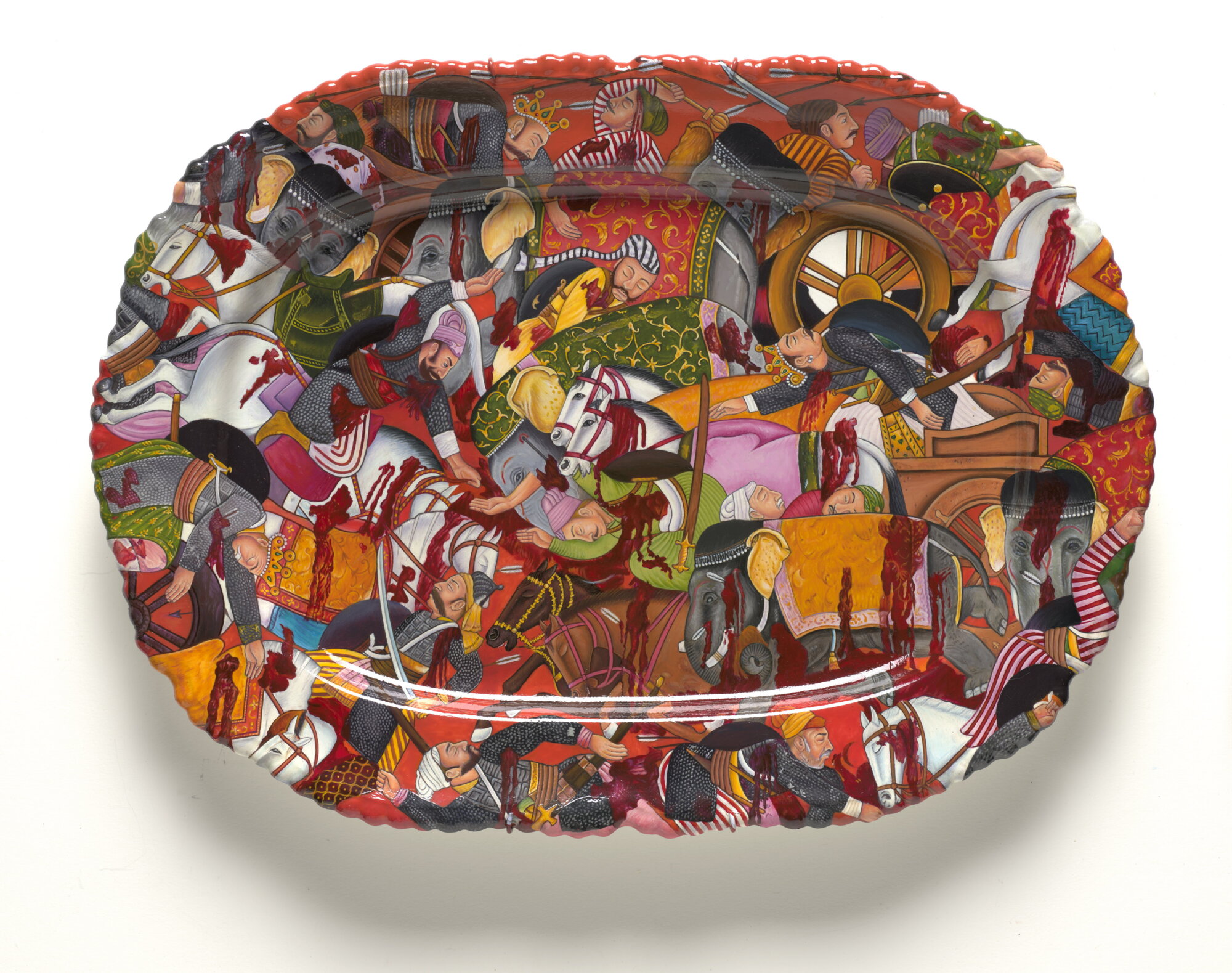 The Wick Culture - SULEMAN, Adeela
Pakistan b.1970
Between Two Fires
2021
Found vintage ceramic plate with enamel paint and lacquer
35.5 x 49cm
Acc. 2021.350
Purchased 2021 with funds from an anonymous donor through the Queensland Art Gallery | Gallery of Modern Art Foundation *** Local Caption *** Adeela Suleman / Pakistan, b. 1970 / Between Two Fires 2021 / Found vintage ceramic plate with enamel paint and lacquer / Purchased 2021 with funds from an anonymous donor through the QAGOMA Foundation / Collection: QAGOMA, Brisbane, Australia / © Adeela Suleman / Image courtesy: M Campbell, QAGOMA