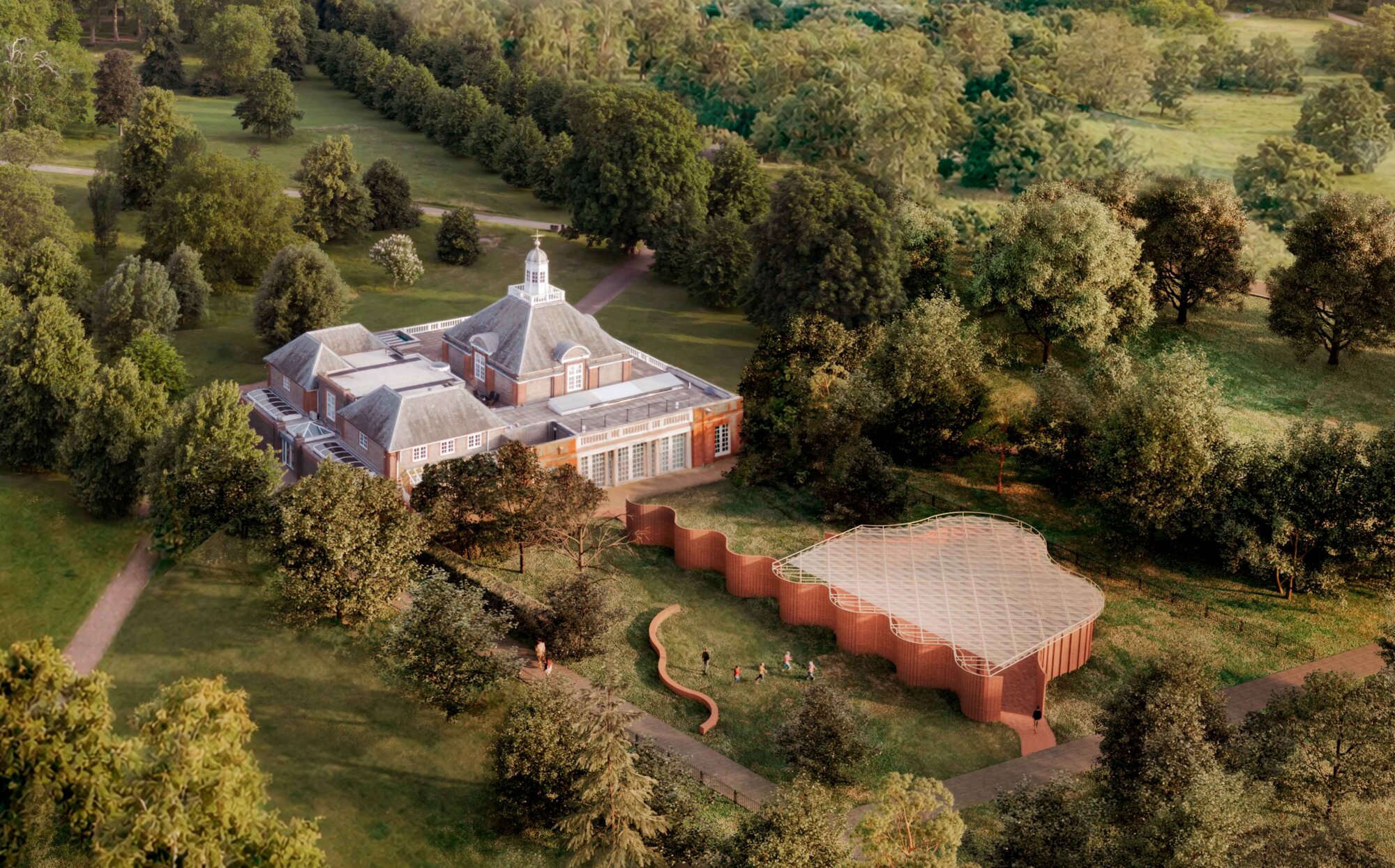 The Wick Culture - Serpentine Pavilion 2026 a serpentine, designed by Isabel Abascal and Alessandro Arienzo, LANZA atelier. Design render, aerial view. © LANZA atelier. Courtesy Serpentine