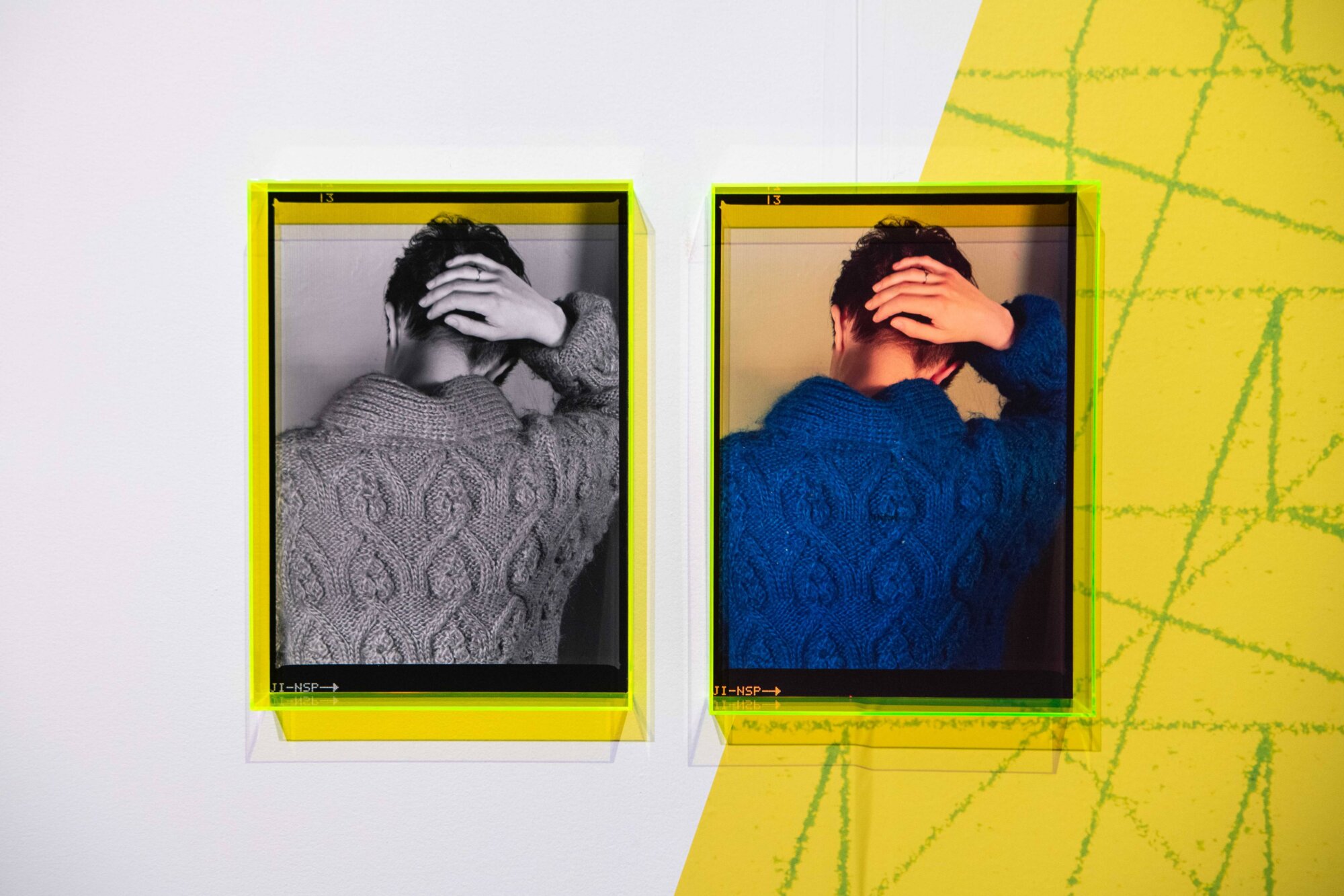 The Wick Culture - Jyll Bradley
Self Portrait, jumper, 1987-2024, 2025 Paired digital photographic prints from original negative on archival Hahnemule paper. Artist designed frame in live edge fluorescent Plexiglass 40x40x5.5cmeach
© Jyll Bradley
Courtesy The Collection of Sir Elton John & David Furnish
Photo Leandro Justen