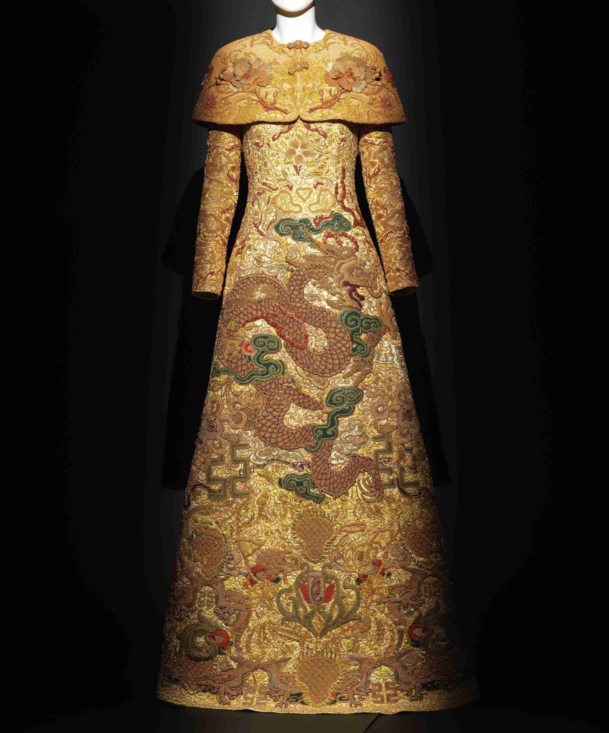 The Wick Culture - Rosalie Huang-Ming Yellow Embroidered Wedding Dress with the Pattern of the Twelve Symbols and Auspicious Swastika