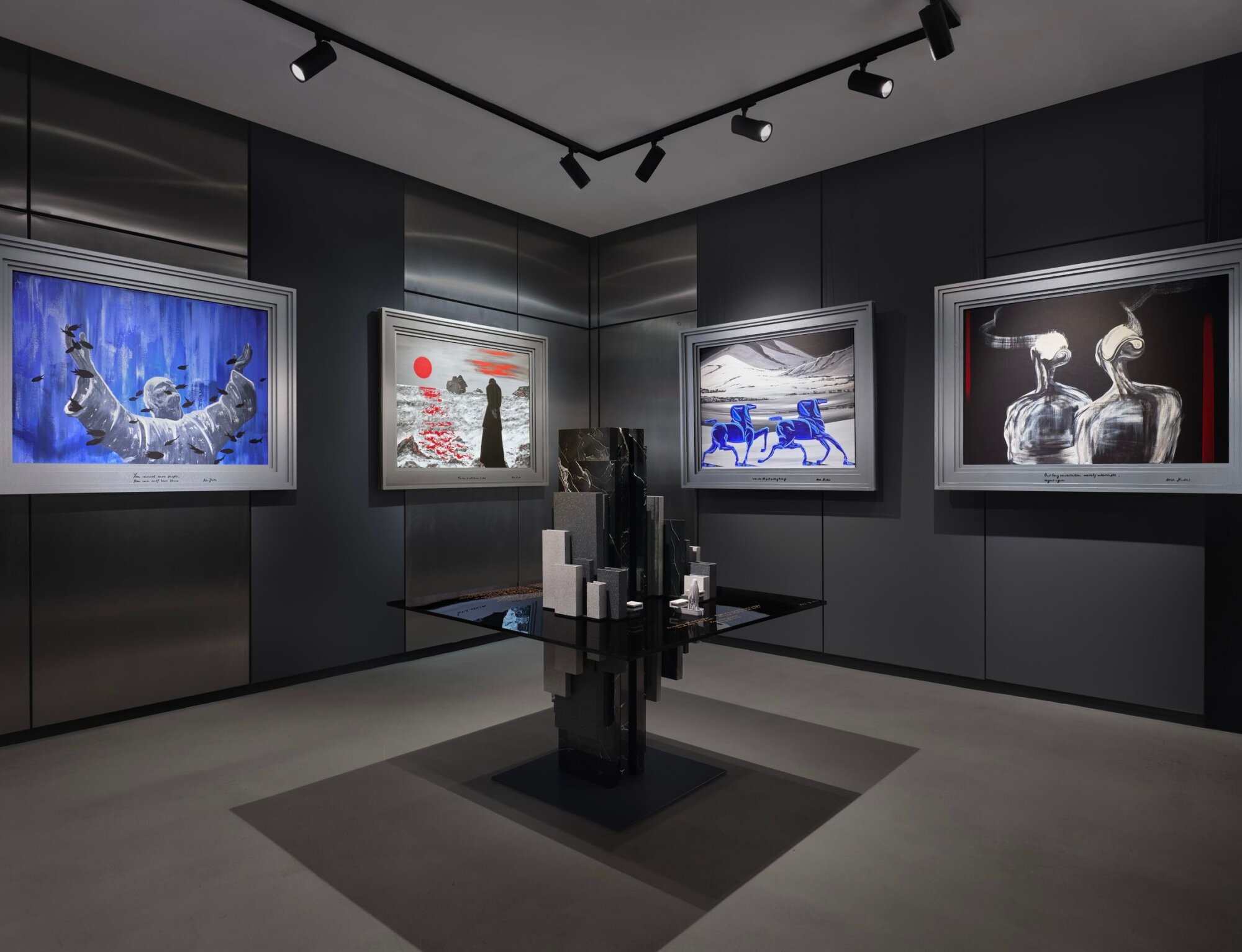 The Wick Culture - Arch Hades, installation view at solo exhibition on Berkeley Square, London, 2025 Isle (sculpture) with paintings Christ of the Abyss, The sea, the sea, Montana, Pair. jpg